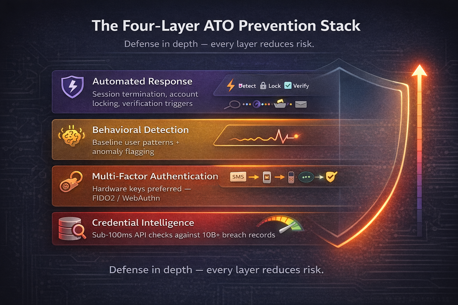 Four-layer ATO prevention stack: Layer 1 Credential Intelligence, Layer 2 Multi-Factor Authentication, Layer 3 Behavioral Detection, Layer 4 Automated Response
