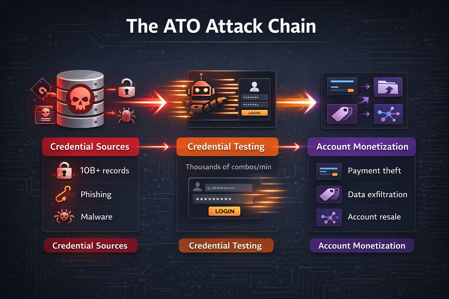 ATO attack chain flow: breached databases, phishing, and malware feed into credential testing, leading to account monetization